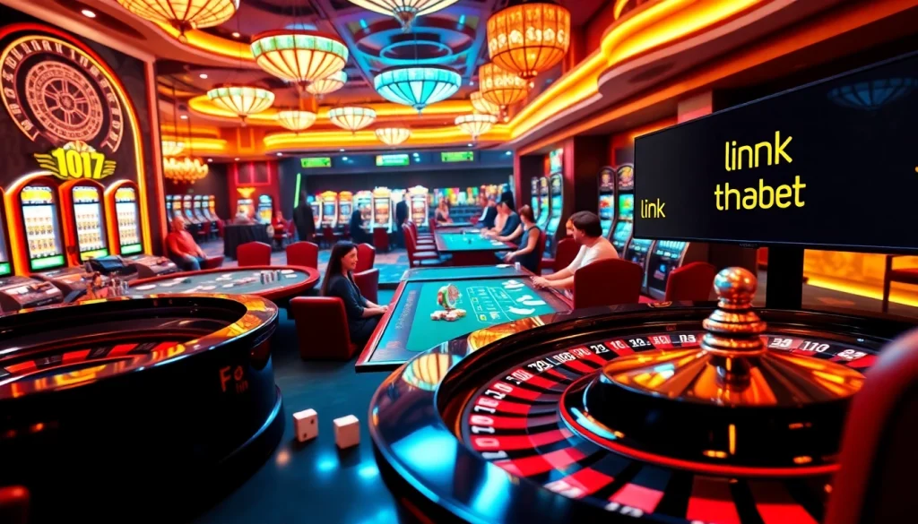 Engage in thrilling casino activities with link thabet—players at poker tables and a vibrant roulette wheel.